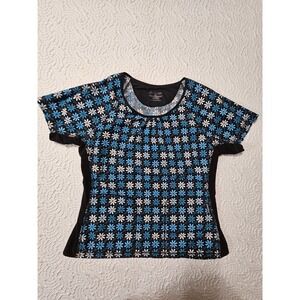 Cherokee Scrubs Women Top Large Floral Blue White Yellow Mesh Breathable